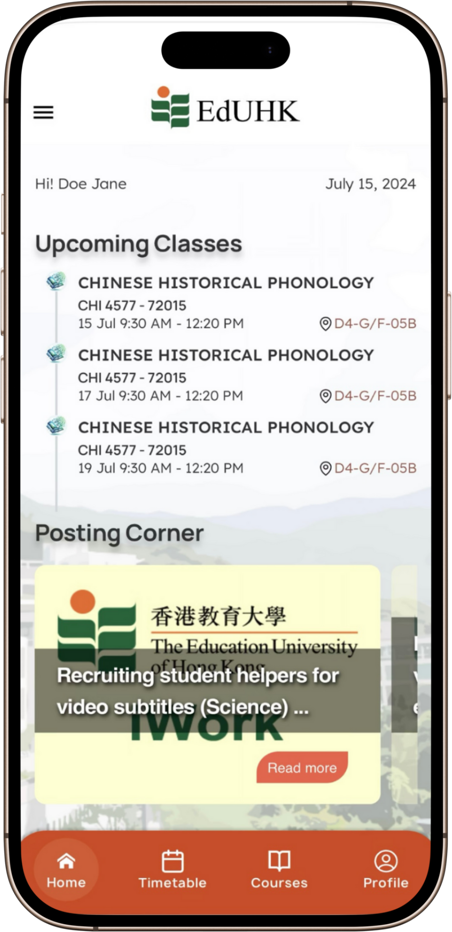 Mobile app Student landing page